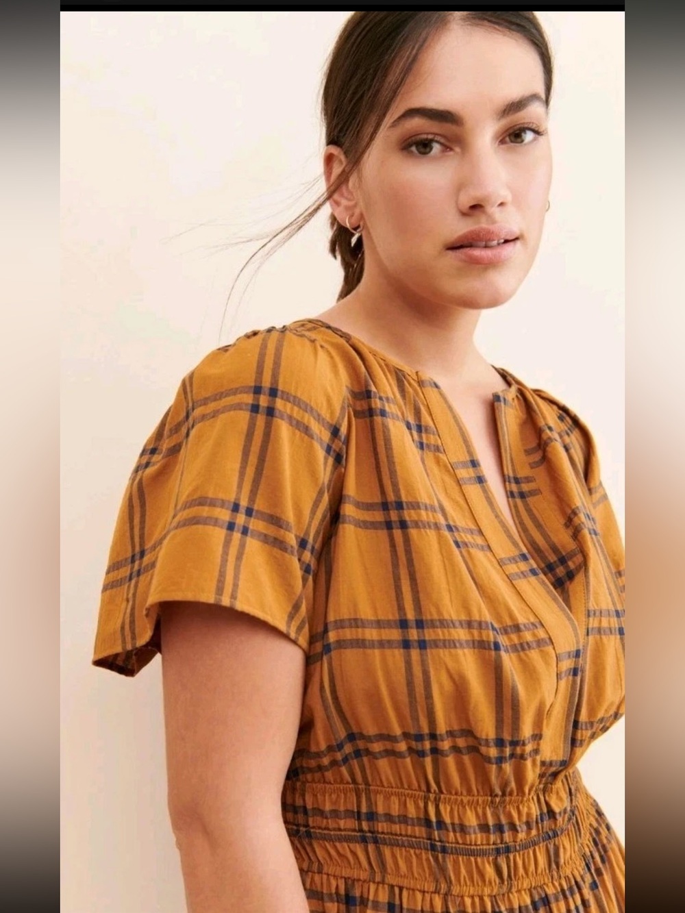 Maeve Mustard Plaid Short-Sleeve Smocked-Waist Dress